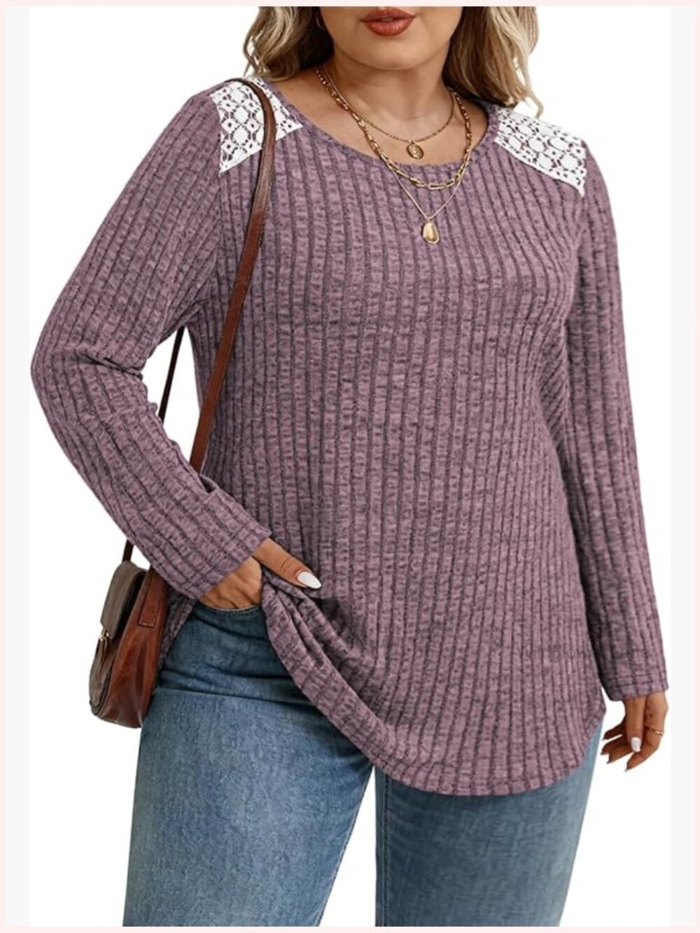 Plus Size Lace Ribbed Knit Pullover Sweater Tunic Top Long Sleeve Crew Neck